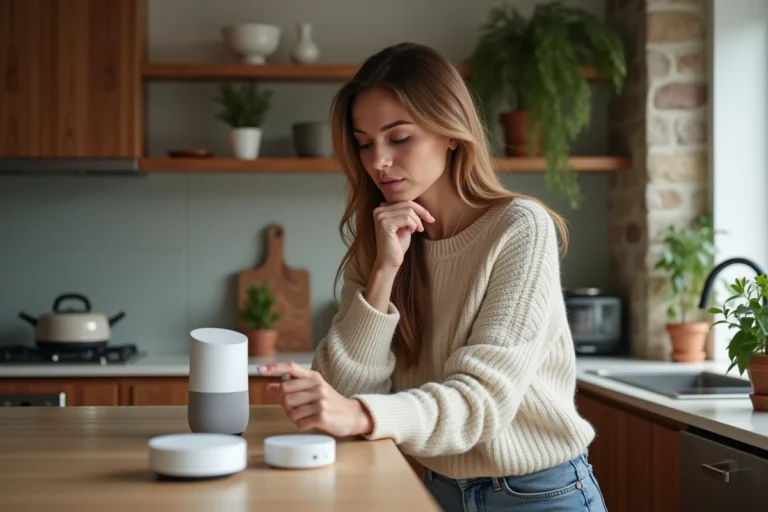 Femme examinant des appareils connectes dans une cuisine moderne
