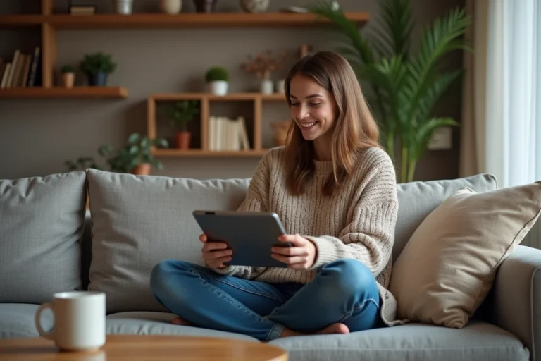 Jeune femme souriante regardant une tablette à la maison
