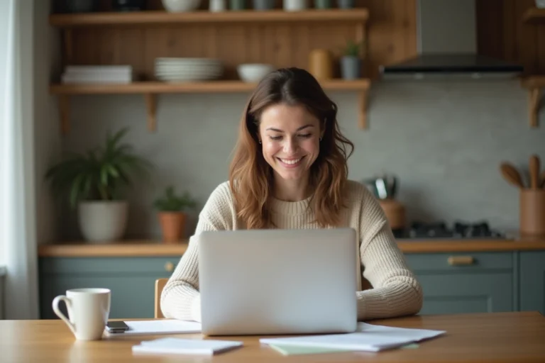 Femme souriante travaillant sur un laptop dans une cuisine chaleureuse
