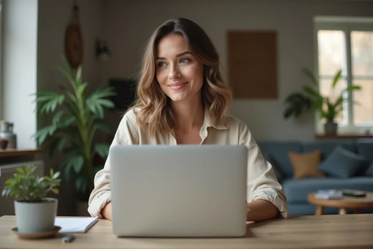 Femme assise à son bureau à domicile en train de saisir ses identifiants