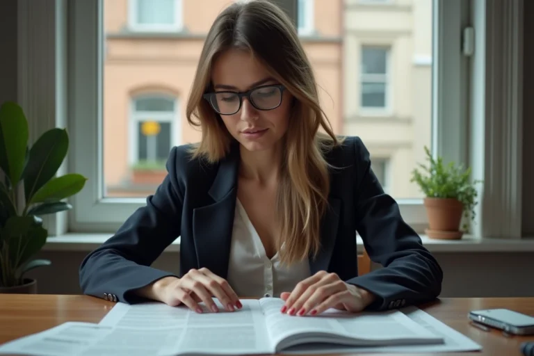 Femme en bureau cosy analysant des articles de presse