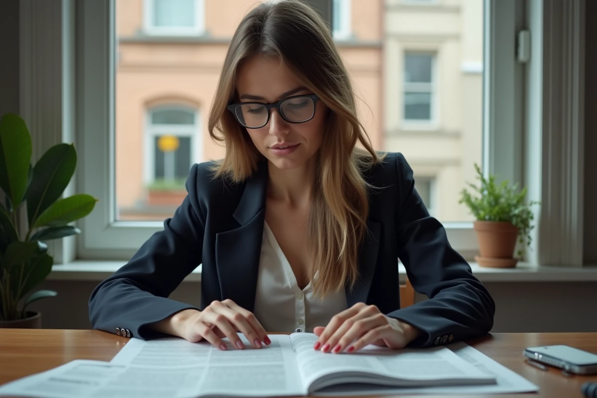 Femme en bureau cosy analysant des articles de presse