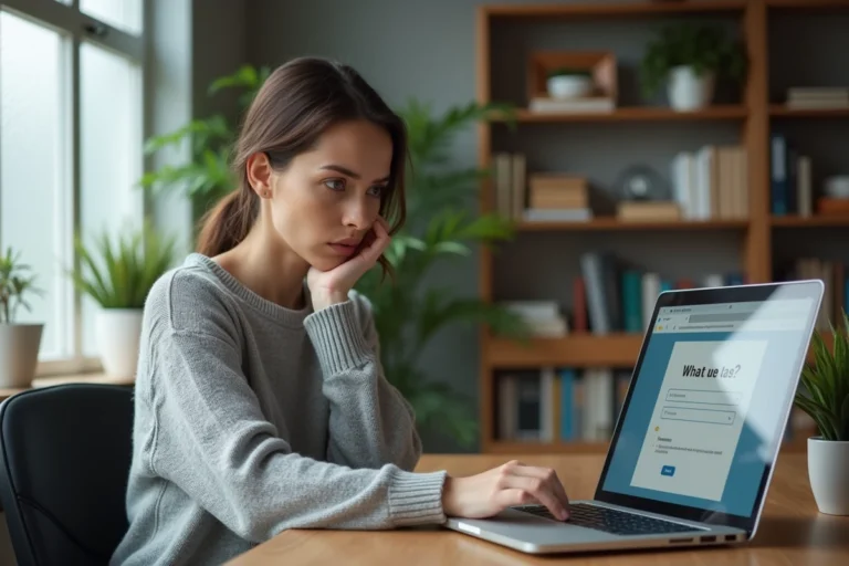 Femme scrutant avec méfiance un formulaire d'inscription sur un site web, signaux d'alerte plateforme en ligne