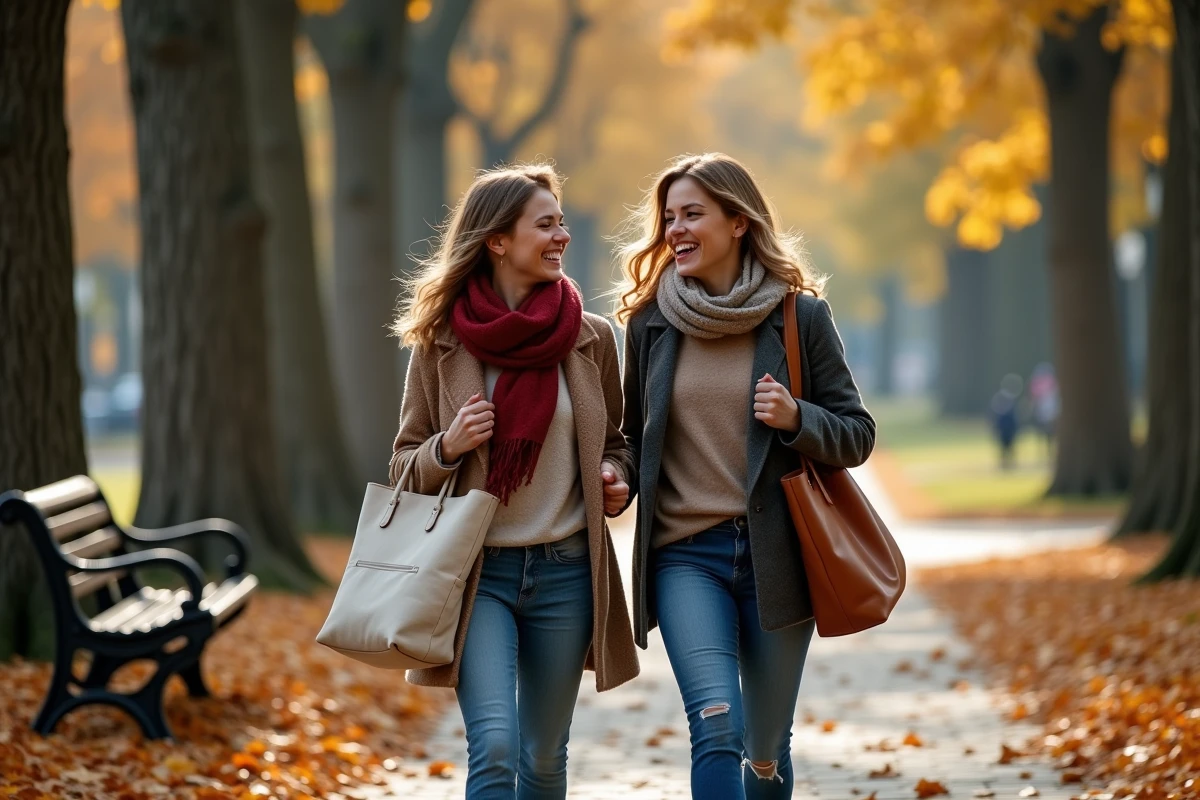 Deux femmes marchant et riant dans un parc en automne, illustrant le bien-être social et la connexion humaine au quotidien