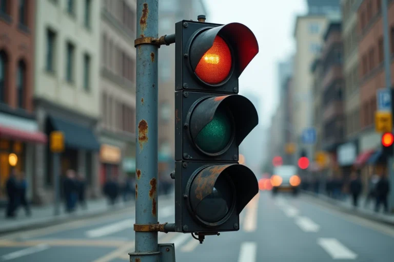 Feu tricolore en panne à une intersection urbaine avec signaux éteints