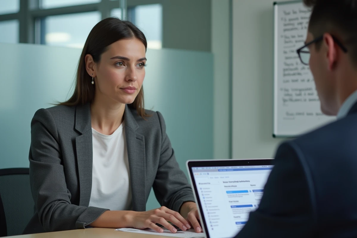 Femme d'affaires utilisant Fireflies.ai pour transcrire et traduire automatiquement une réunion dans une salle de conférence