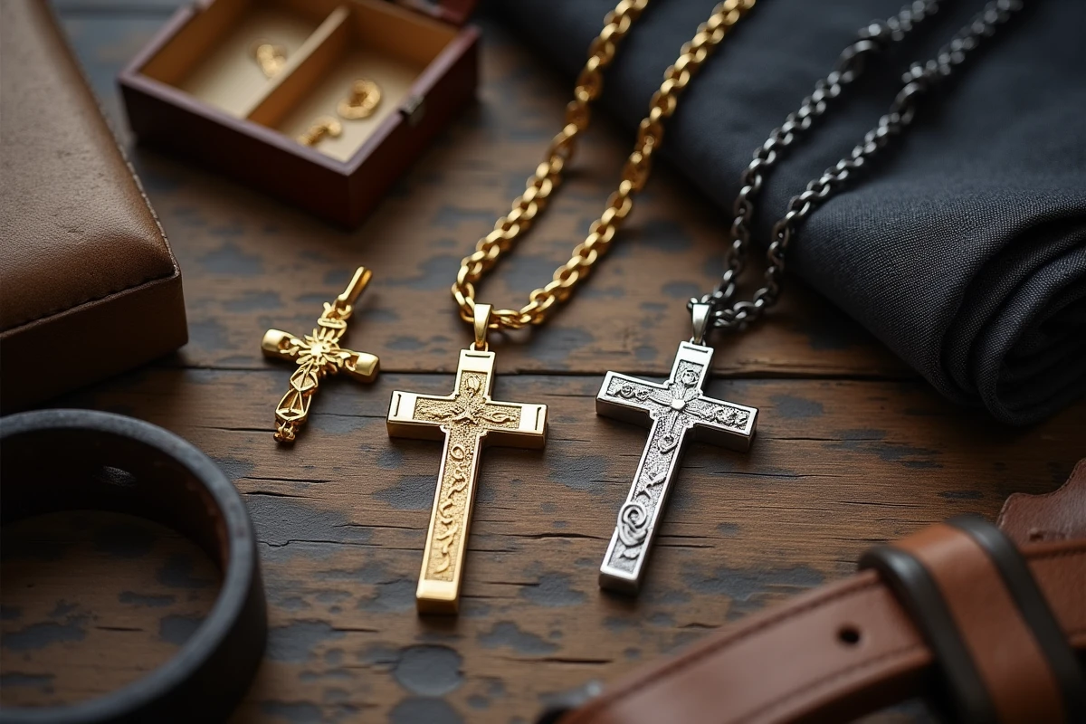 Flat lay de deux chaînes avec croix pour homme en or et acier sur bois brut avec accessoires masculins