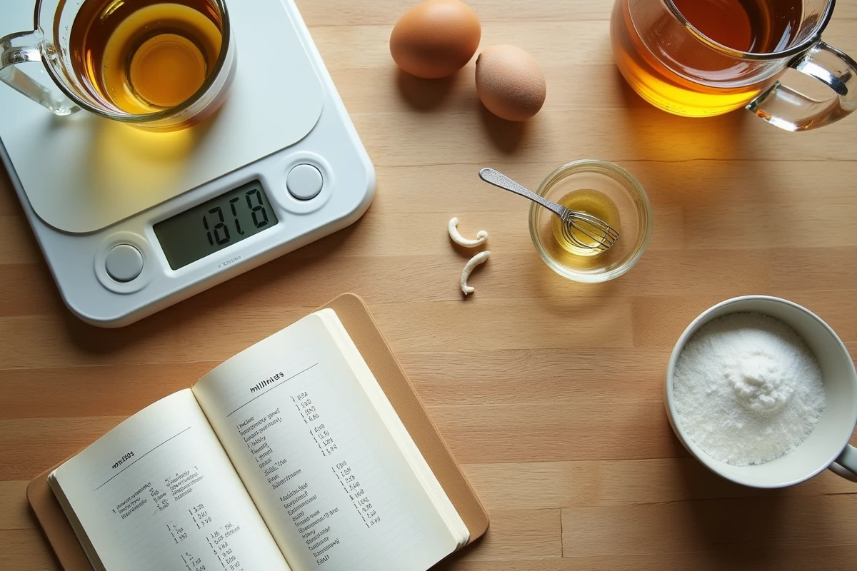 Vue de dessus d'une balance numérique, un verre doseur et un carnet de conversion grammes-litres sur un plan de travail en bois