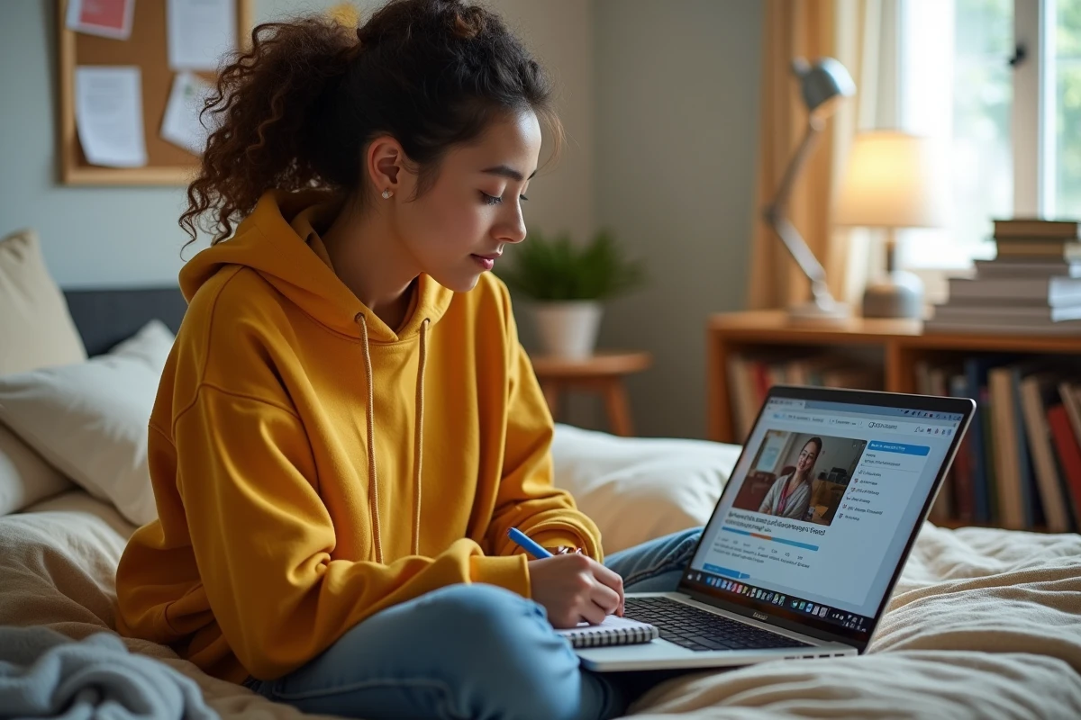 Une jeune femme suit un cours en ligne sur son ordinateur portable depuis sa chambre, illustrant la formation en ligne et les ressources éducatives ouvertes.