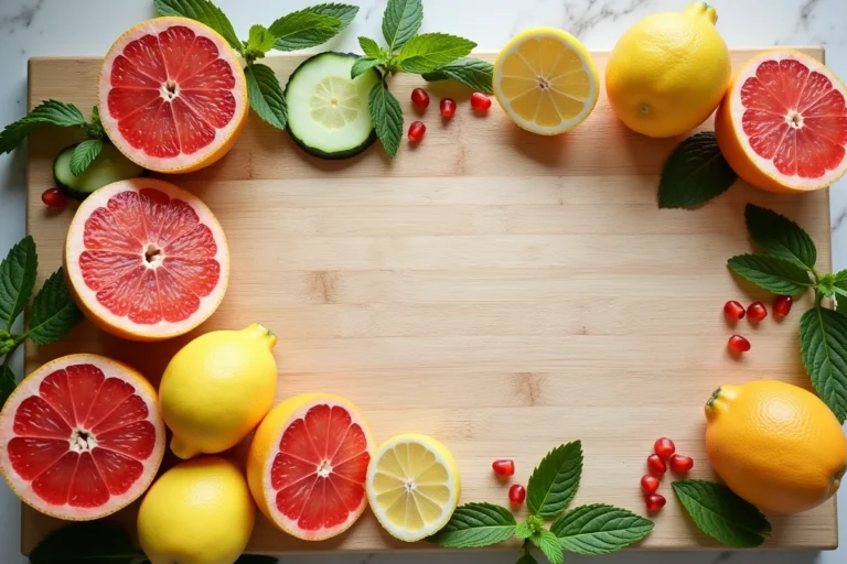 Composition à plat de fruits detox frais sur un plan de travail en bois, incluant pamplemousse, concombre, citron et grenade