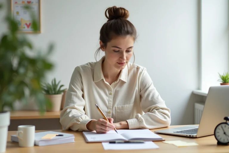 Une femme concentrée assise à un bureau organisé avec un agenda papier, un ordinateur portable et une horloge, symbolisant la gestion du temps au quotidien