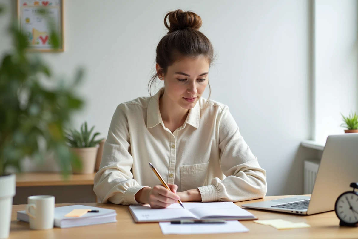 Une femme concentrée assise à un bureau organisé avec un agenda papier, un ordinateur portable et une horloge, symbolisant la gestion du temps au quotidien