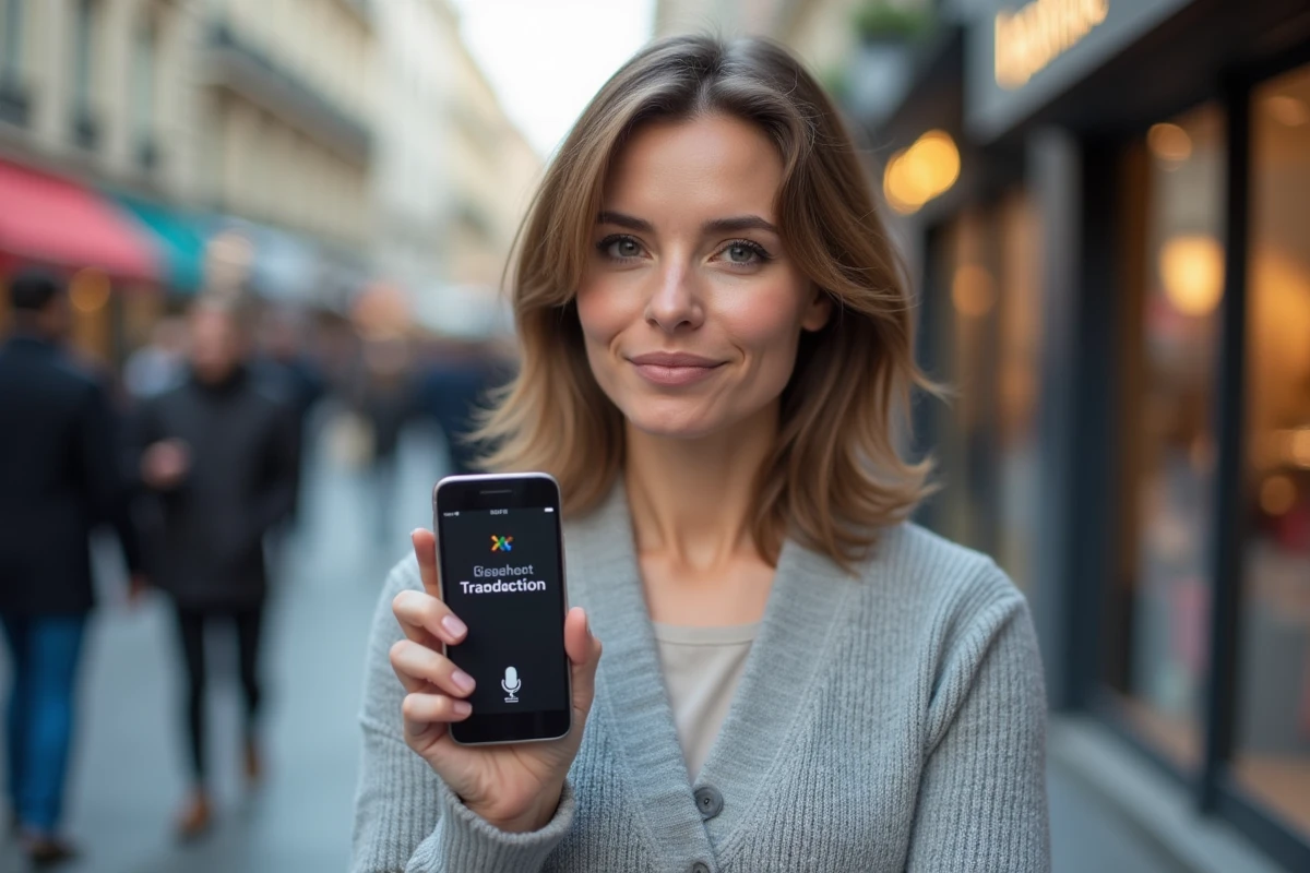 Femme utilisant Google Traduction en mode vocal sur smartphone dans une rue animée pour traduire de l'audio en temps réel