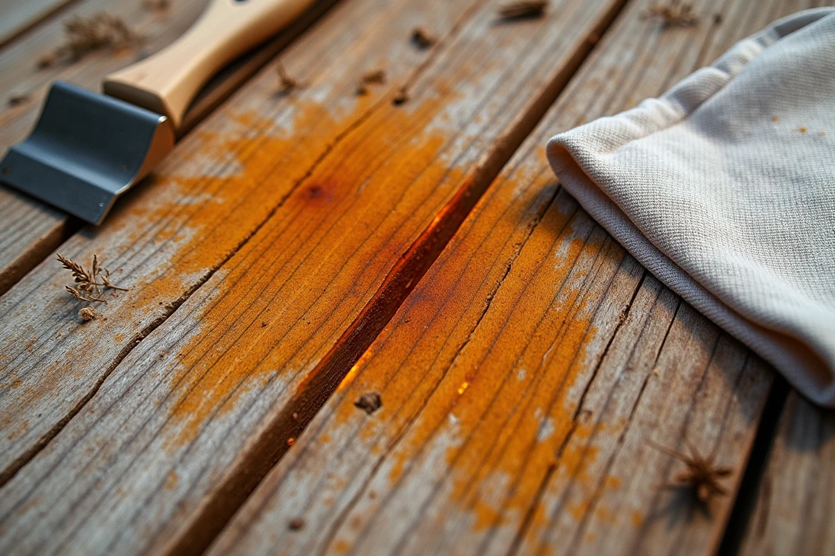 Close-up of an amber pine resin stain on a wooden deck board with a metal scraper
