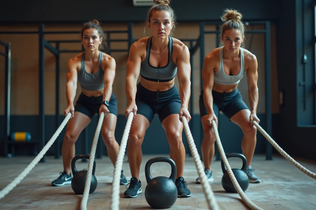 Groupe d'adultes pratiquant le HIIT avec des cordes et des kettlebells dans une salle de CrossFit pour brûler des calories