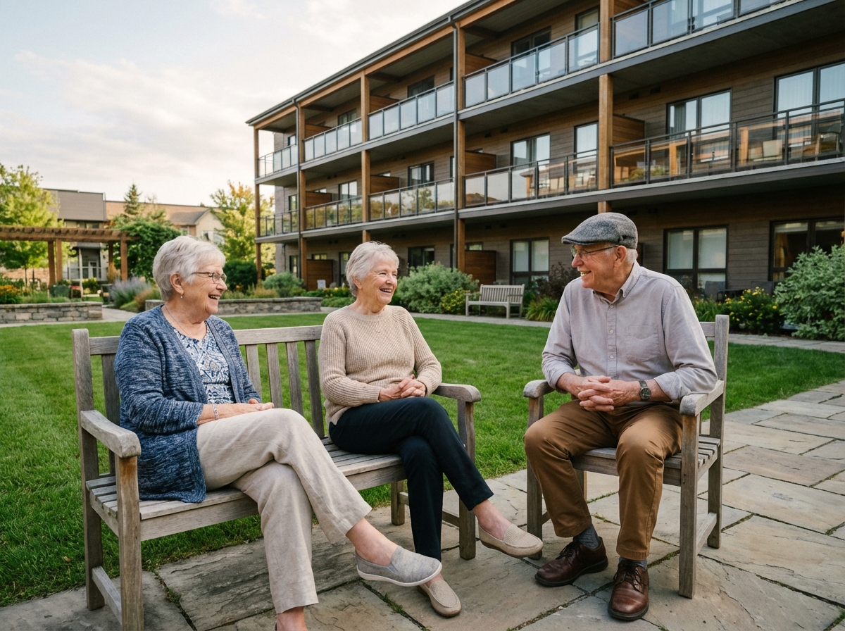 Groupe de seniors discutant dans une cour extérieure