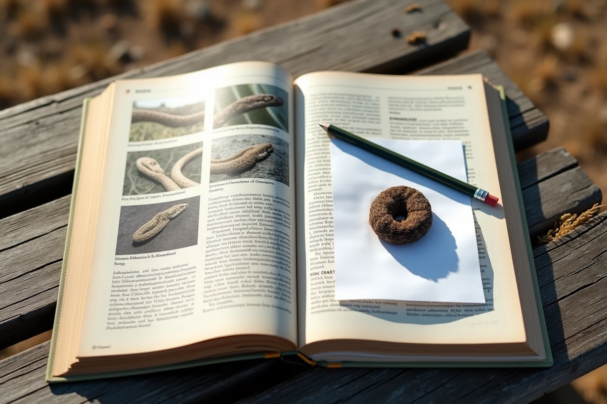 Guide de terrain ouvert sur une table en bois avec un spécimen de crotte de serpent posé à côté pour comparaison, scène d'identification naturaliste en extérieur