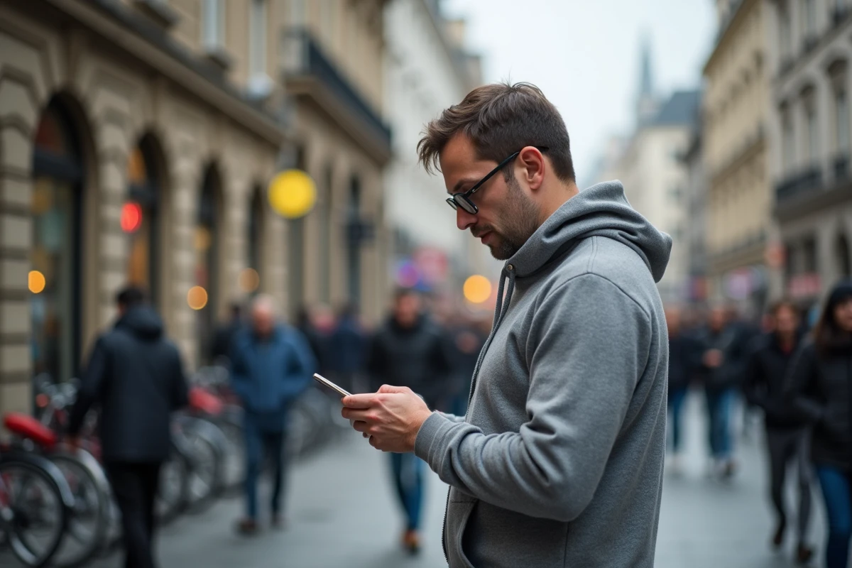 Homme lisant les dernières actualités sur son smartphone dans une rue animée de la ville