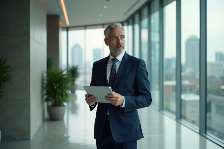 Homme d'affaires en costume dans un lobby moderne