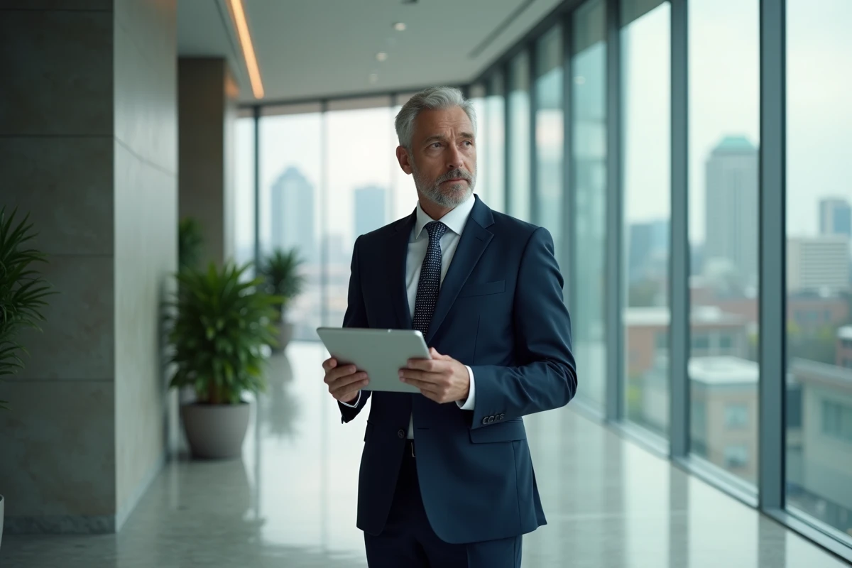 Homme d'affaires en costume dans un lobby moderne