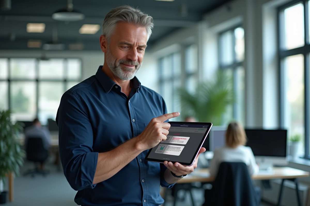 Homme analysant les signaux d'alerte d'une plateforme en ligne suspecte sur une tablette au bureau