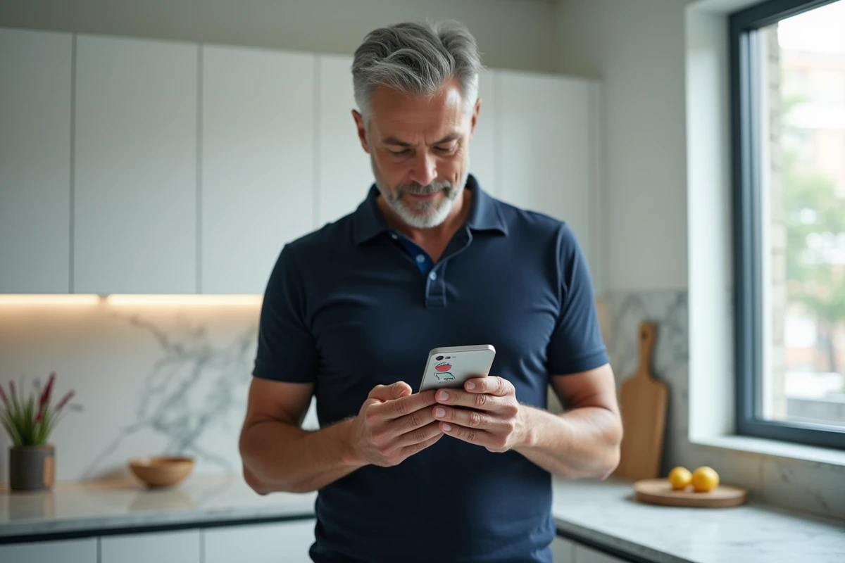 Hombre consultando una aplicación de compras en línea en un smartphone en una cocina contemporánea