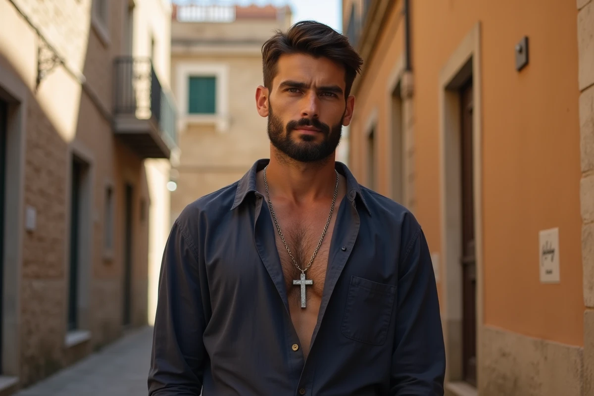 Homme barbu avec une chaîne en argent et croix visible sur une ruelle en pierre méditerranéenne