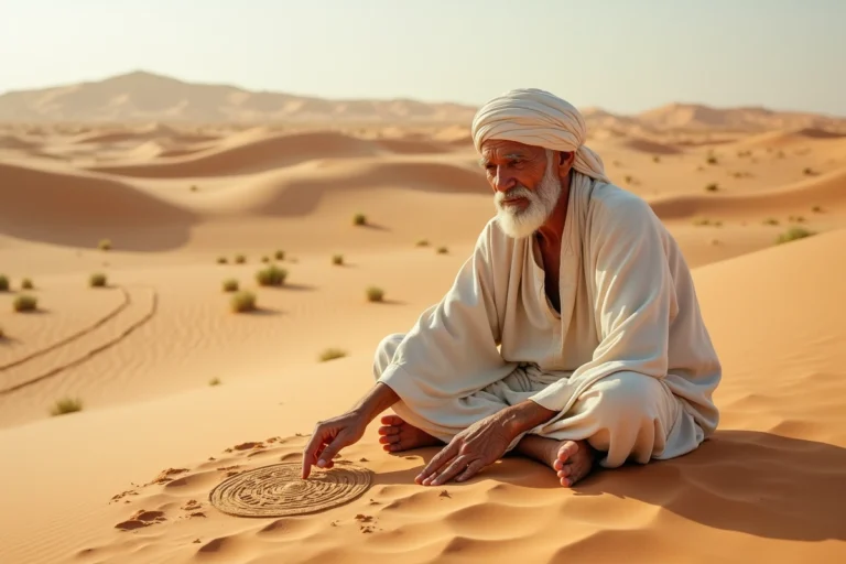 Homme âgé berbère dessinant des symboles solaires dans le désert