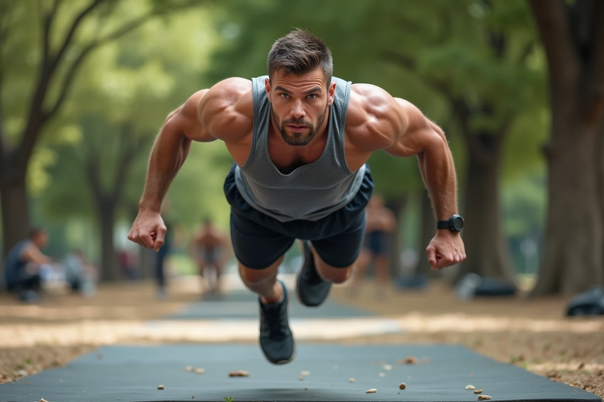 Homme musclé effectuant des burpees en plein air lors d'un entraînement intensif pour brûler 1000 calories