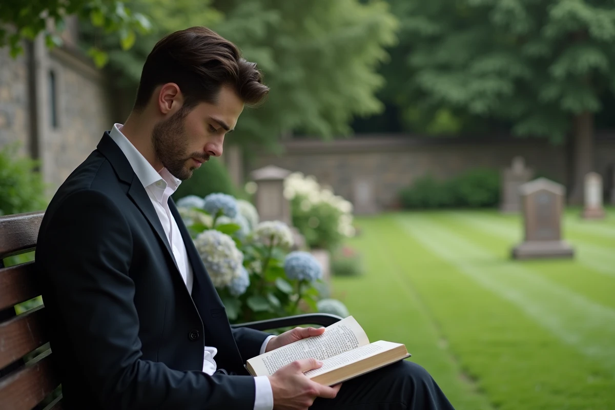 Homme assis dans un cimetière avec livre de poésie