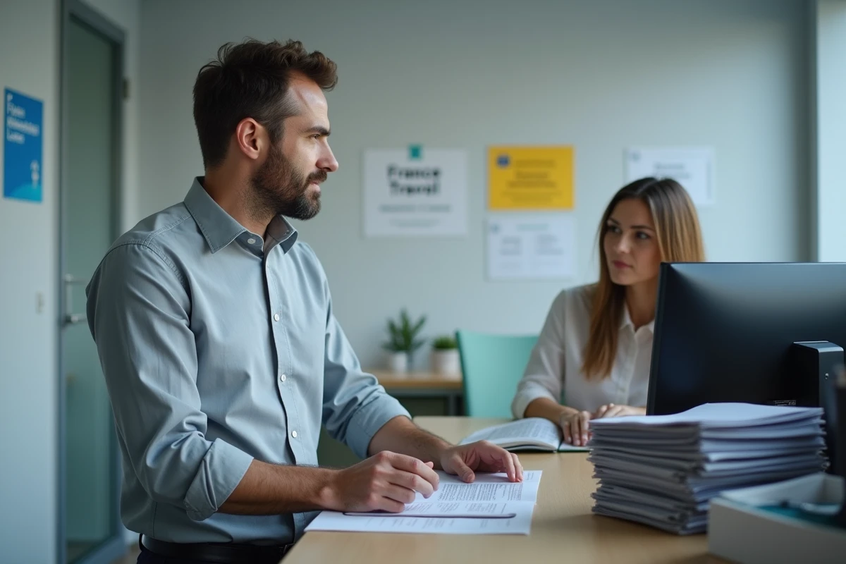 Homme en rendez-vous avec un conseiller France Travail pour régulariser un oubli d'actualisation mensuelle