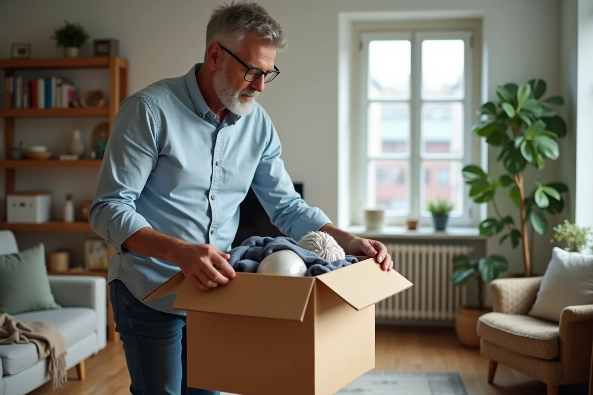 Homme emballant des objets dans une pièce lumineuse et conviviale