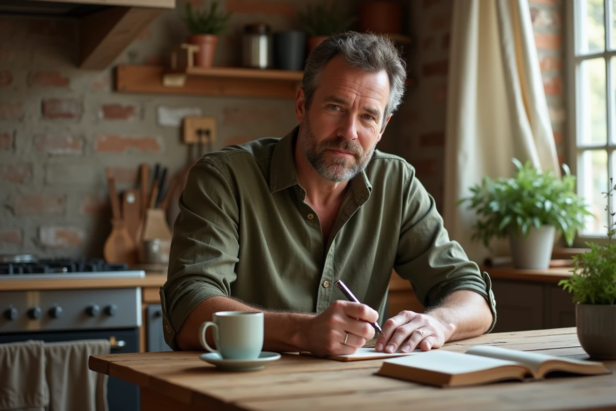 Homme écrivant dans un journal en cuir dans une cuisine rustique, pratique quotidienne de bien-être et pleine conscience