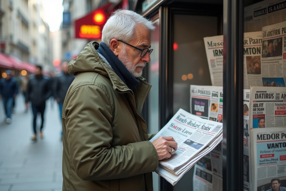 Homme lisant les journaux et magazines d'actualité à un kiosque à journaux urbain dans une rue animée