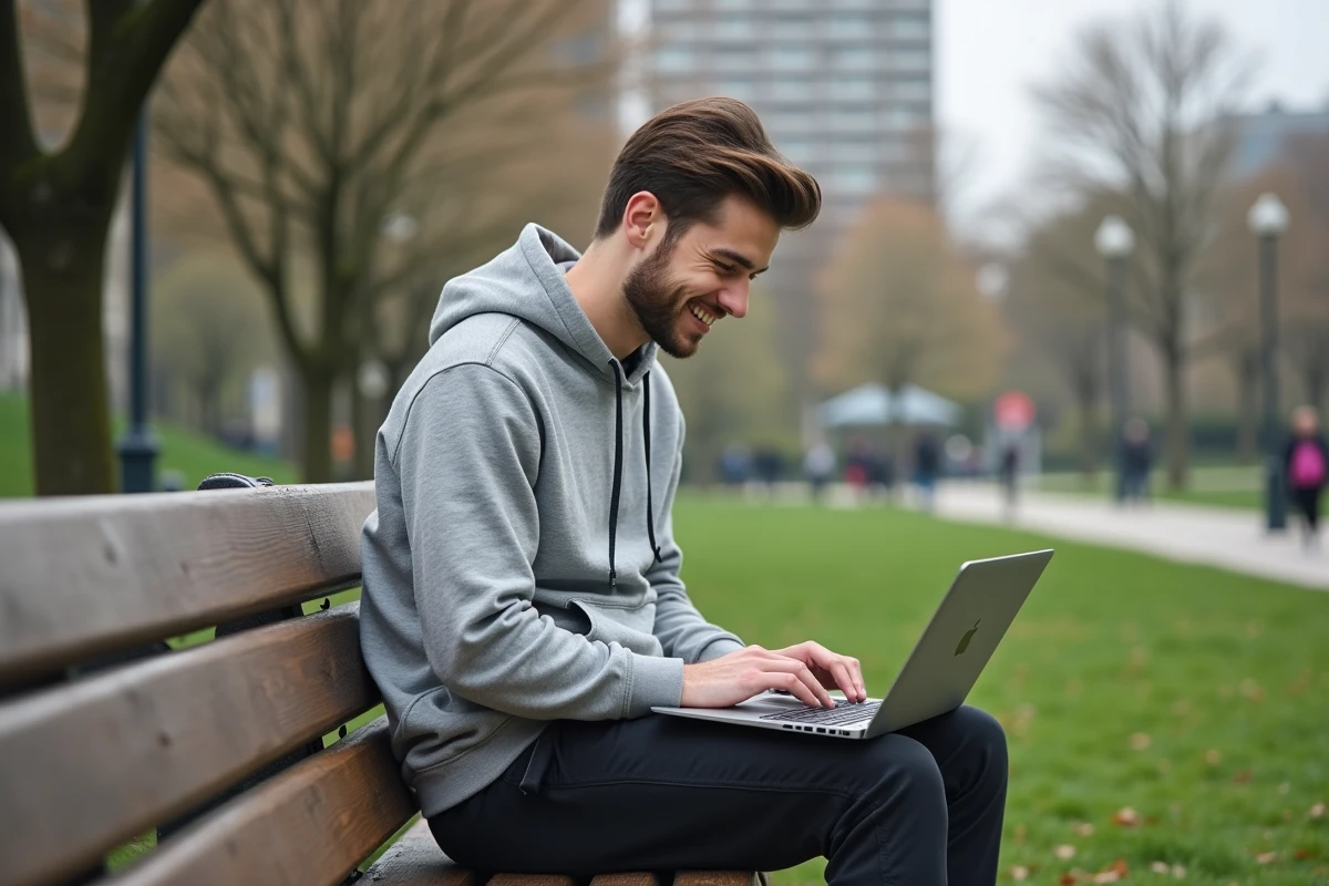 Jeune homme utilisant un ordinateur dans un parc en plein air