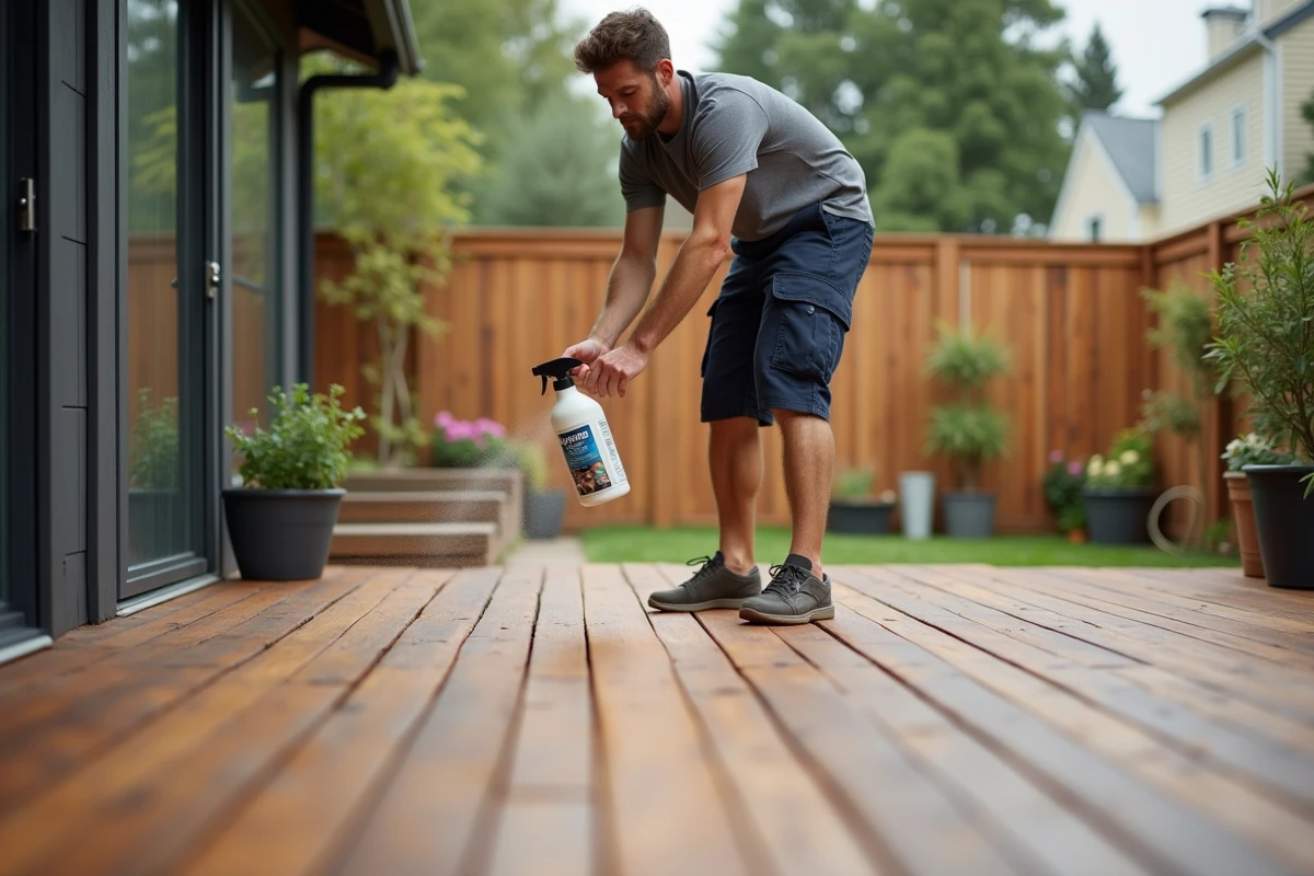 Man applying a spray cleaner on pine resin stuck to a wooden deck in a garden