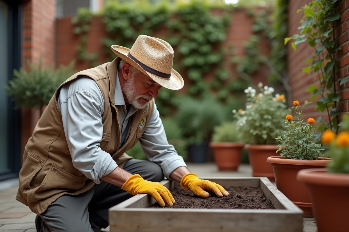 Homme âgé semant des graines dans un potager urbain