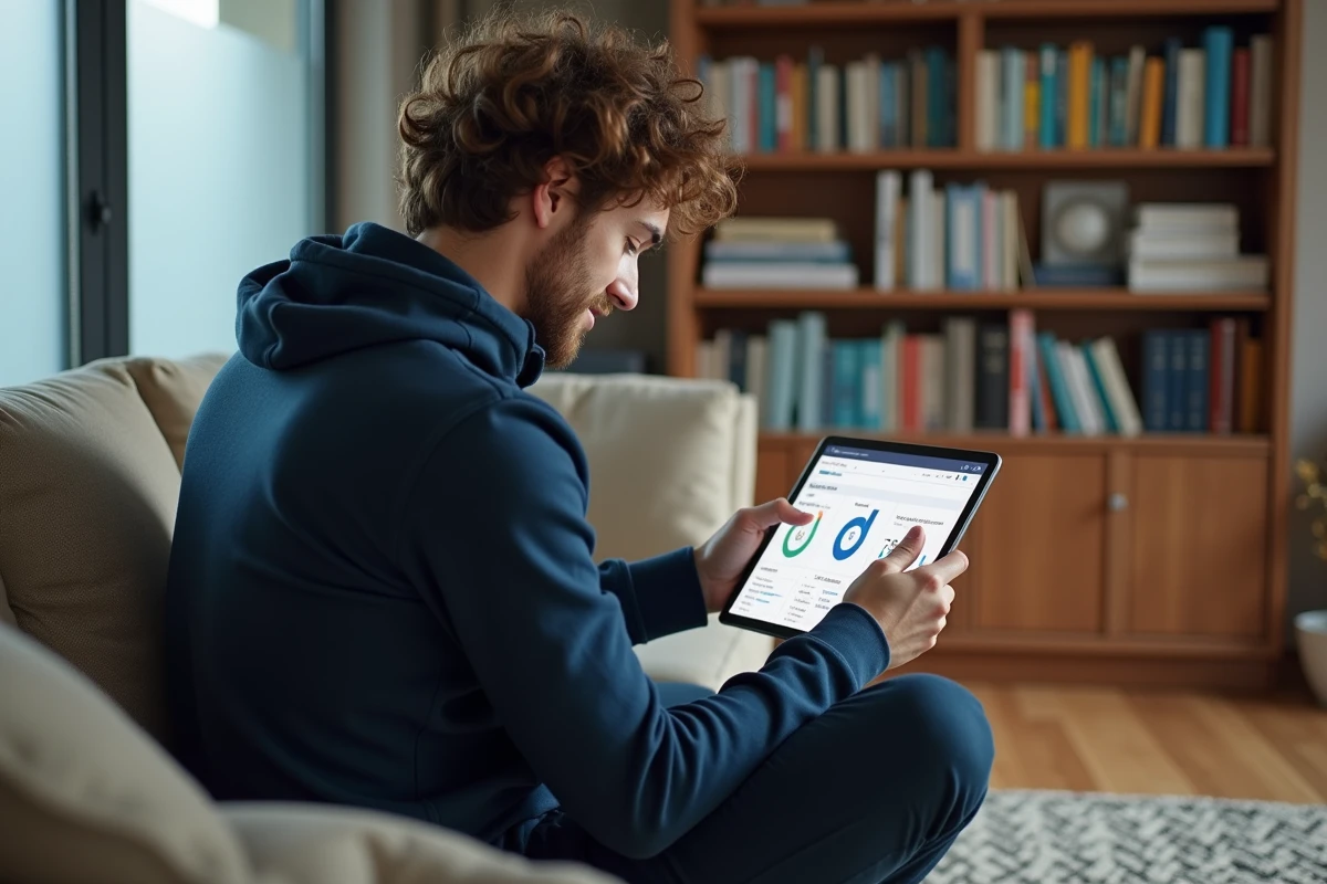 Jeune homme consultant un tableau de bord SEO sur une tablette montrant des métriques de liens et backlinks depuis un bureau à domicile