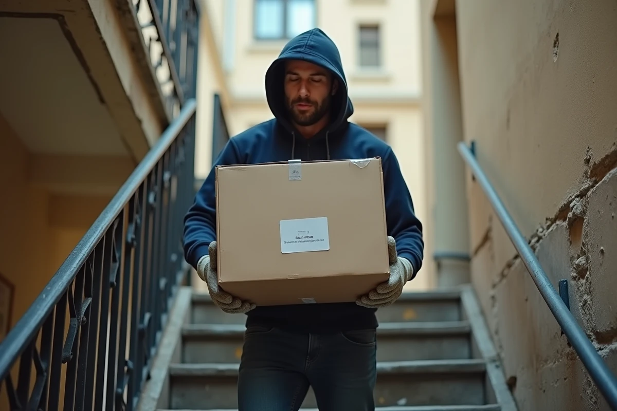 Homme transportant un carton dans un escalier lors d'un déménagement rapide en milieu urbain