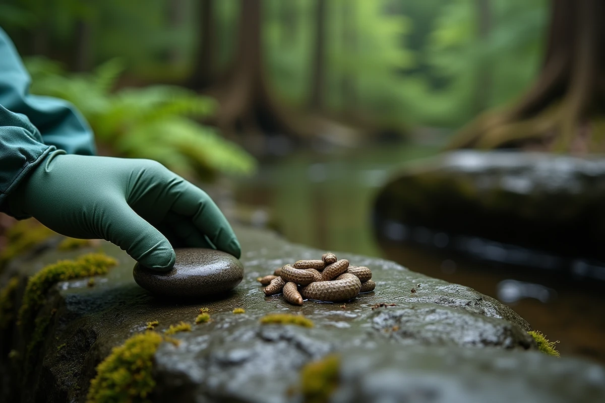 Main gantée d'un naturaliste tenant une pierre près de crottes de serpent sur un rocher moussu en forêt, pour illustrer la méthode d'identification