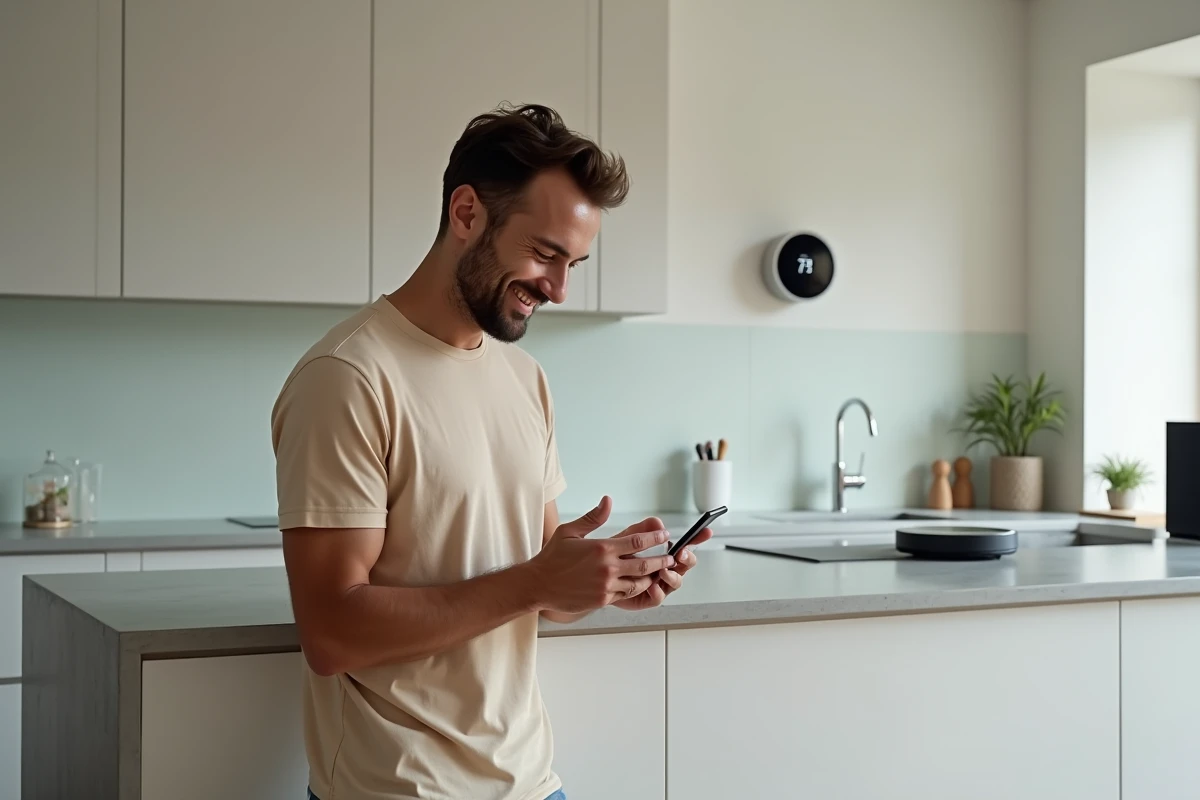 Un homme contrôle des appareils connectés de sa maison intelligente via smartphone dans une cuisine moderne, illustrant l'Internet des objets.