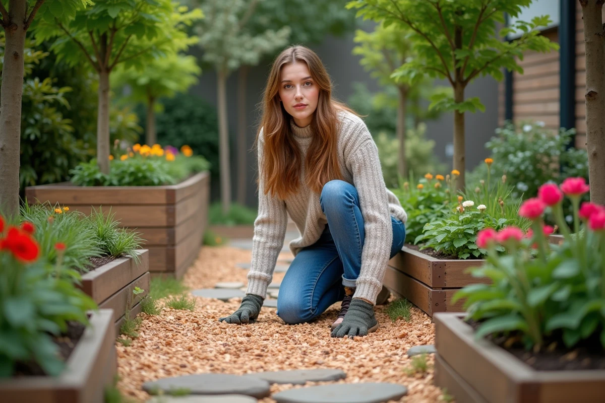 Jeune femme étale des copeaux de bois dans un jardin urbain