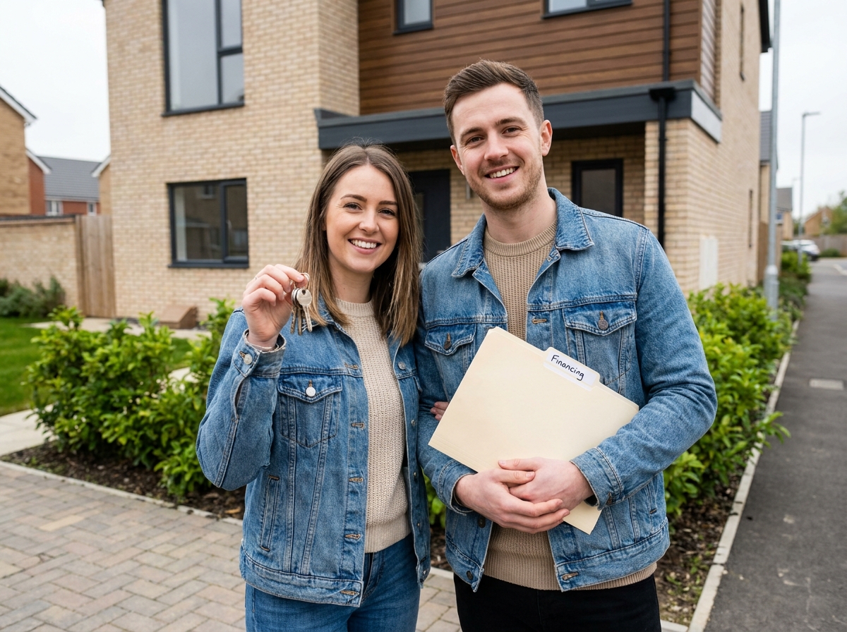 Jeune couple devant leur nouvelle maison avec clés et dossier de financement