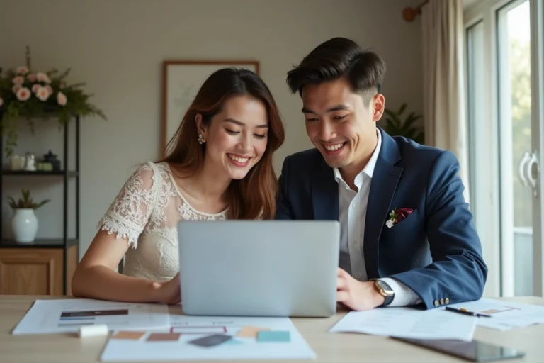 Jeune couple en mariage planifiant avec un ordinateur portable