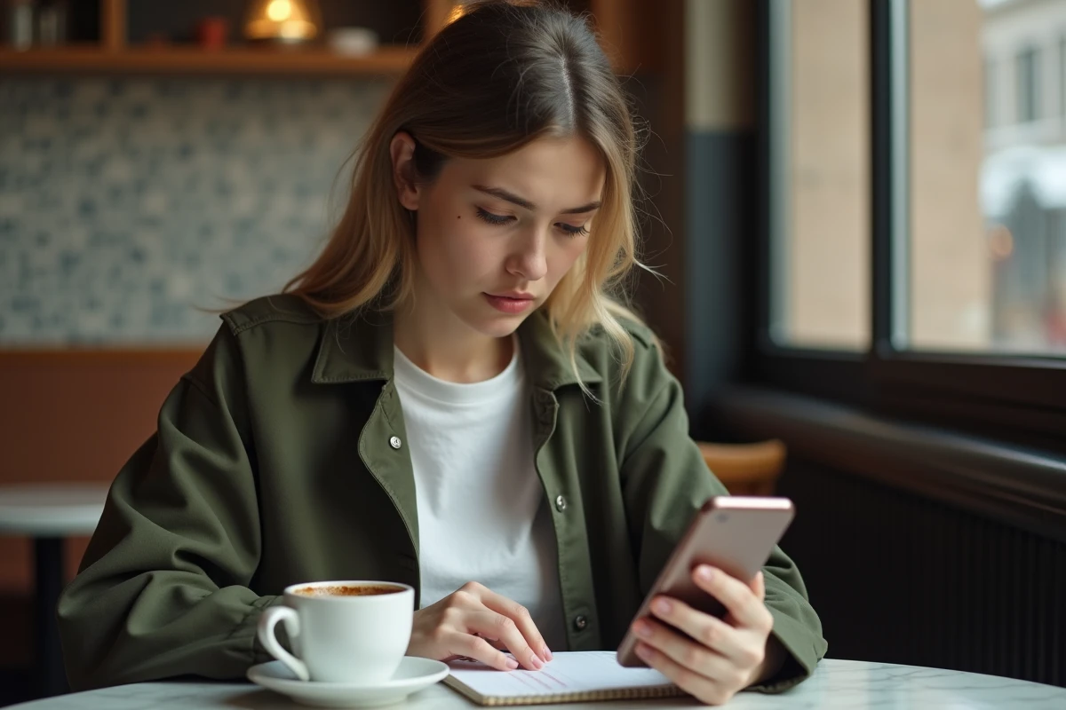 Jeune femme inquiète lisant les avertissements d'un site d'inscription suspect sur son smartphone dans un café