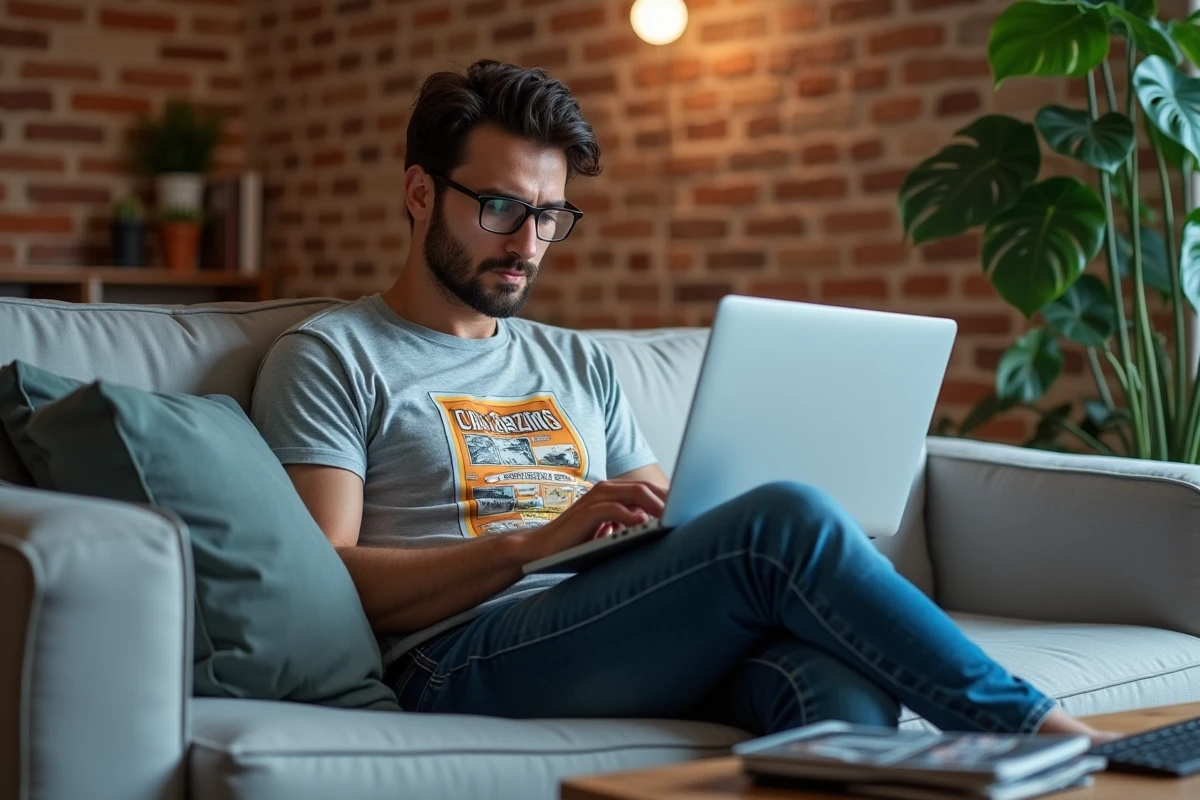 Jeune homme geek naviguant sur un blog dédié aux passionnés du web depuis son canapé dans un salon décoré avec des accessoires tech