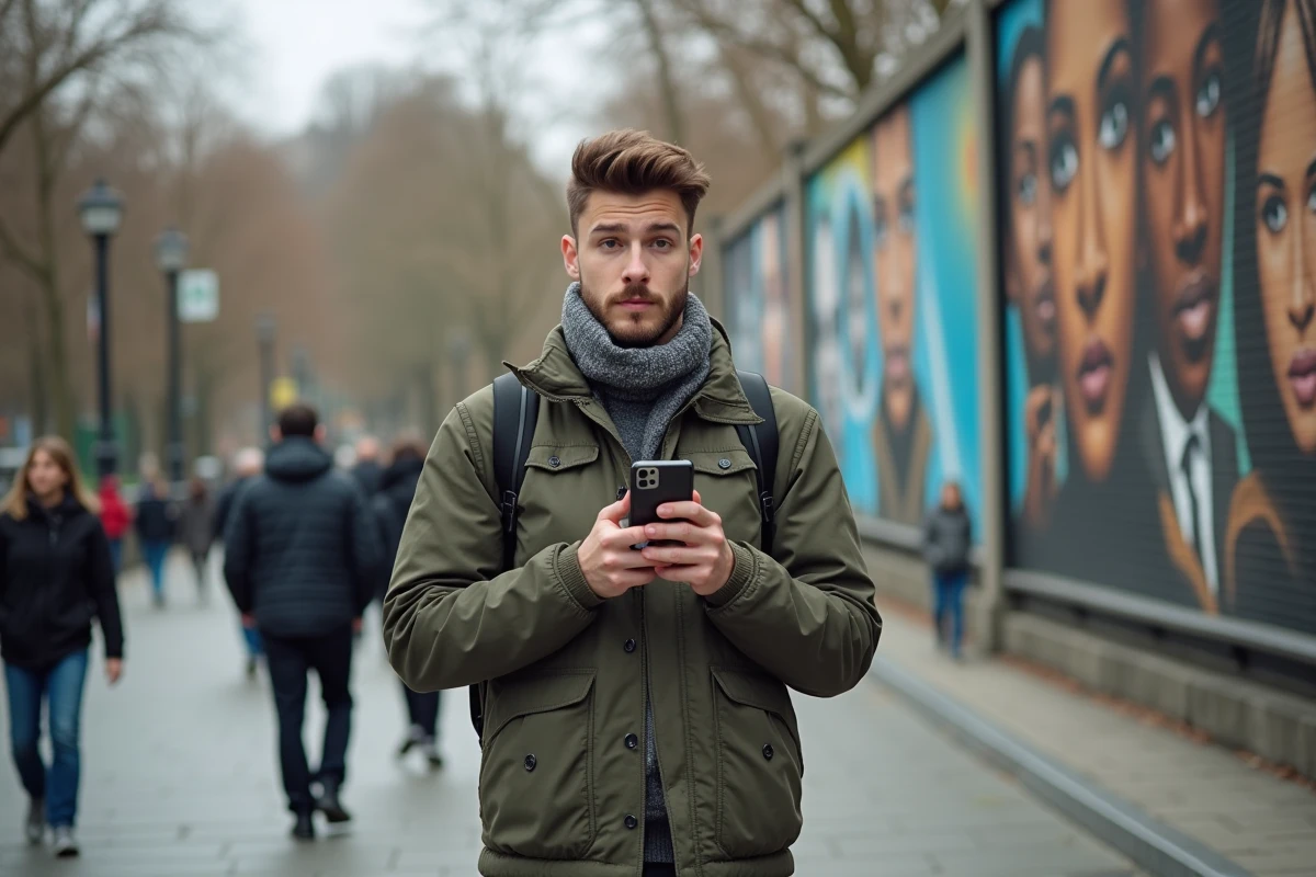 Jeune homme dans un parc enregistrant un message vocal