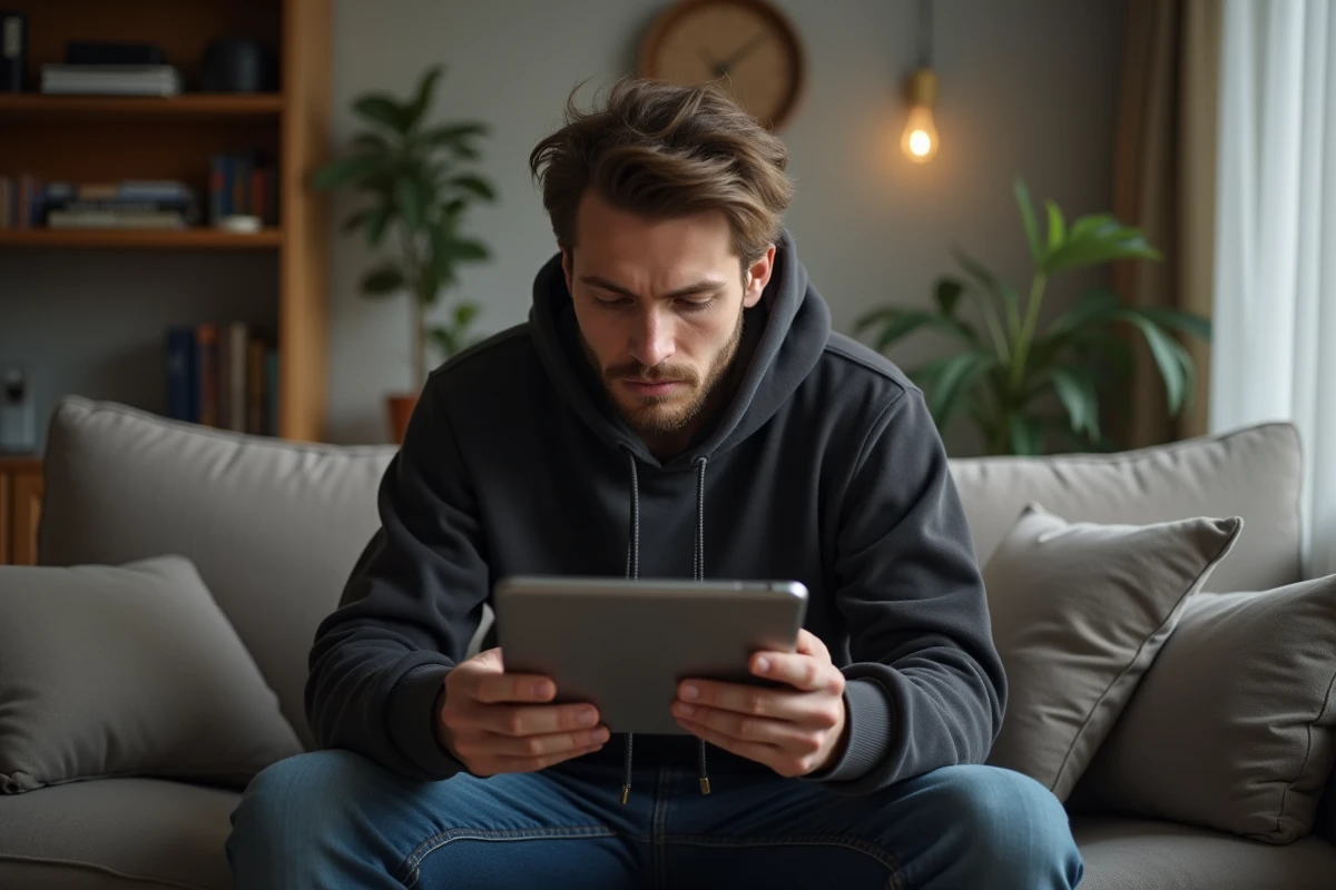 Jeune homme utilisant une tablette pour régulariser son actualisation oubliée sur le site France Travail