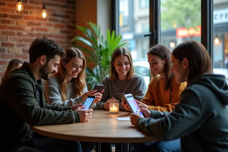 Jeunes adultes autour d'une table de café en ville