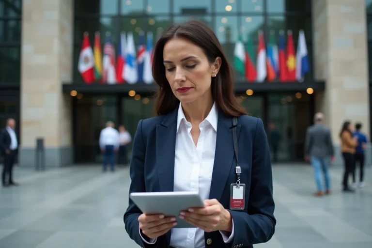 Journaliste internationale en blazer marine consultant sa tablette devant un bâtiment diplomatique avec drapeaux internationaux